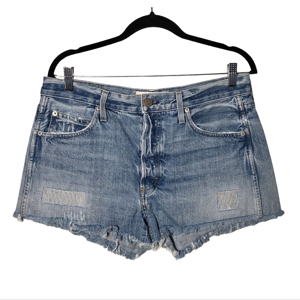 AMO Tomboy Cutoff Denim Shorts Size 29 Button Fly Distressed Light Wash